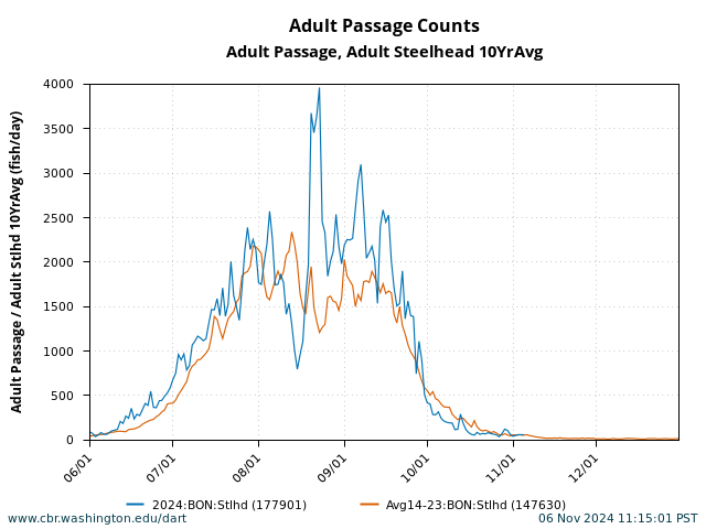 graph Daily Passage Bonneville Adult Steelhead June 1 - December 31 with 10 Year Average