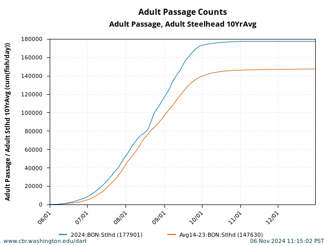 graph Cumulative Daily Passage Bonneville Adult Steelhead June 1 - December 31 with 10 Year Average