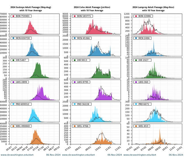 Adult Passage Counts Quick Look Sockeye Coho Lamprey combined graph