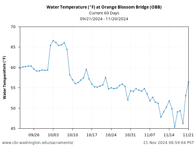 Plot of 60 Days current conditions Water Temperature (°F) at Orange Blossom Bridge (OBB)