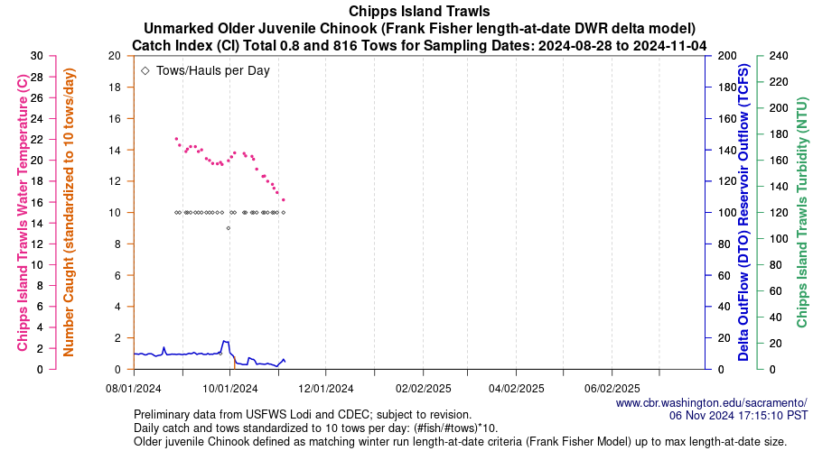 plot Central Valley Juvenile Salmonid Monitoring Chipps Island Trawls Unmarked Older Juvenile Chinook Sampling Dates 2024-08-28 to 2024-11-04