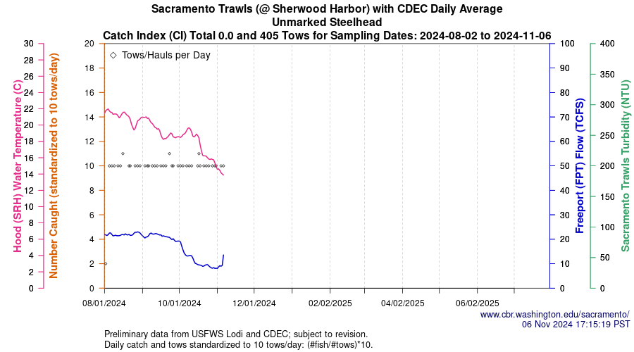 plot Central Valley Juvenile Salmonid Monitoring Sacramento Trawls (@ Sherwood Harbor) with CDEC Daily Average Unmarked Steelhead Sampling Dates 2024-08-02 to 2024-11-06